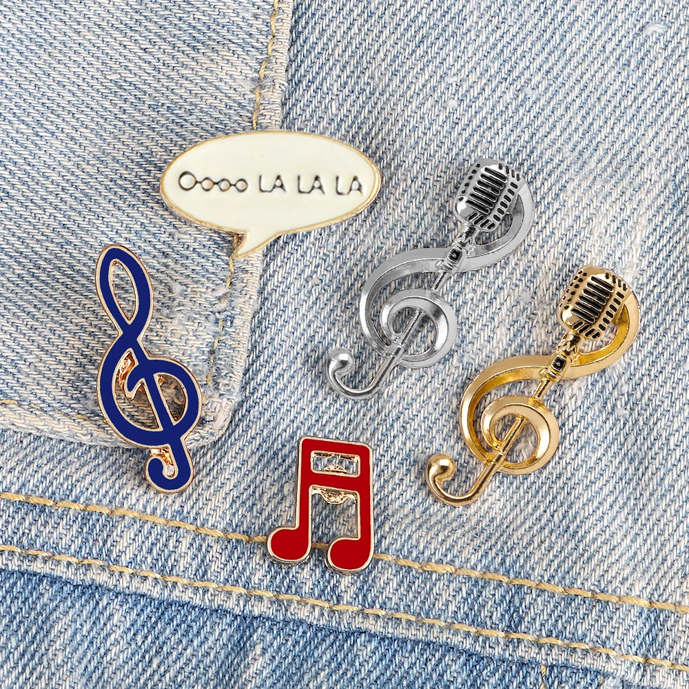 Microphone Music Note Brooch Gold Color Silver Color Enamel Pins Women Men Singer Party Concert Jewelry Backpack Lapel Pin Gifts