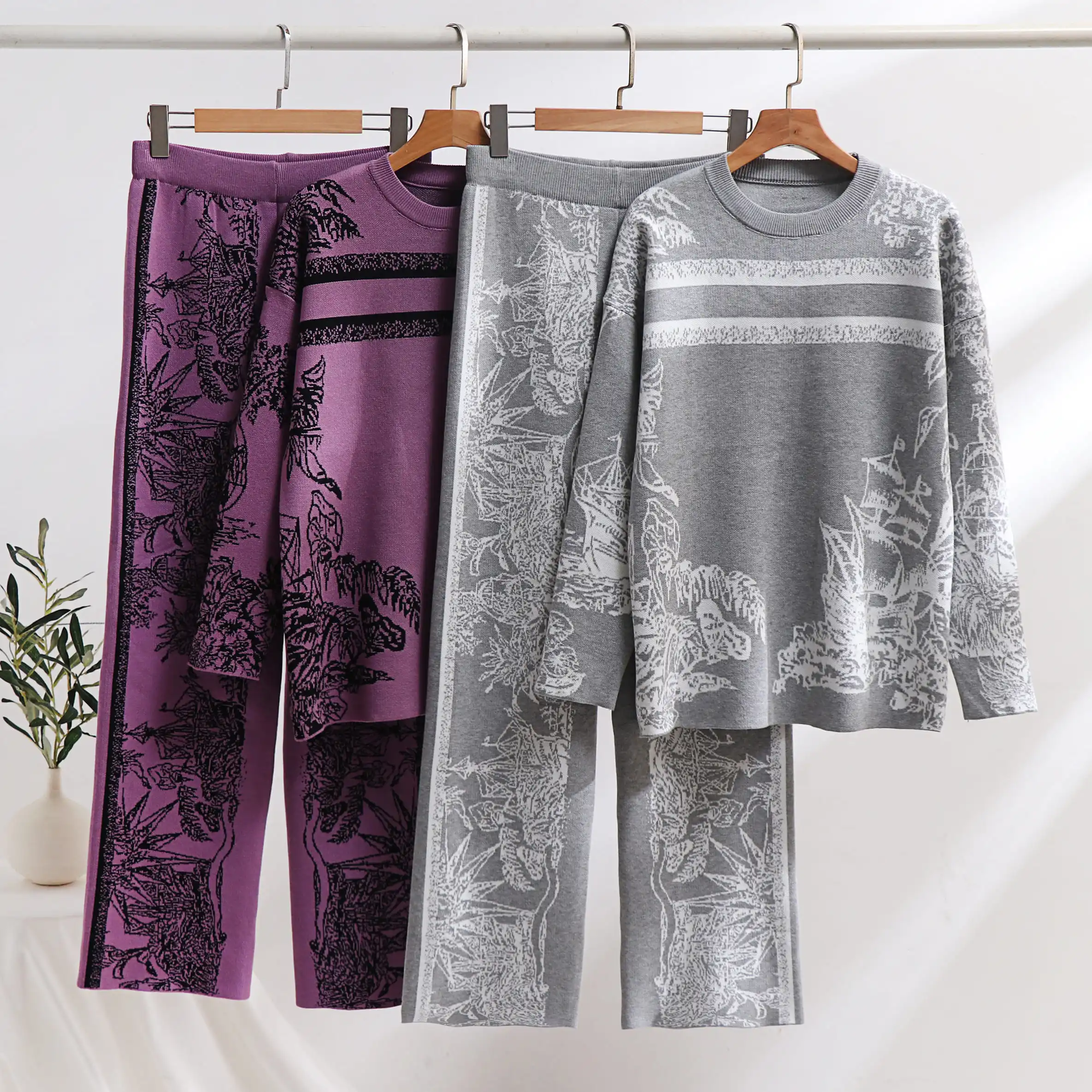 Women Printed Vintage Two Piece Sets Auutmn Winter Loose Long Sleeve Sweater and High Waisted Straight Pants Knitted Suits