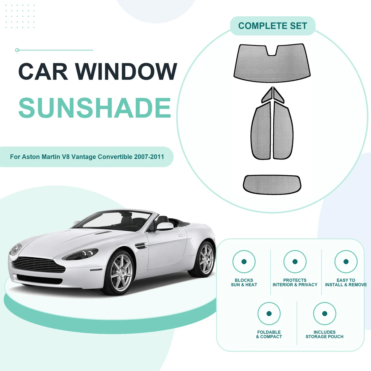 For Aston Martin V8 Vantage Convertible 2007-2011 Custom Full Set Window Sunshades Aluminum Foil Suction Cup Anti UV Privacy