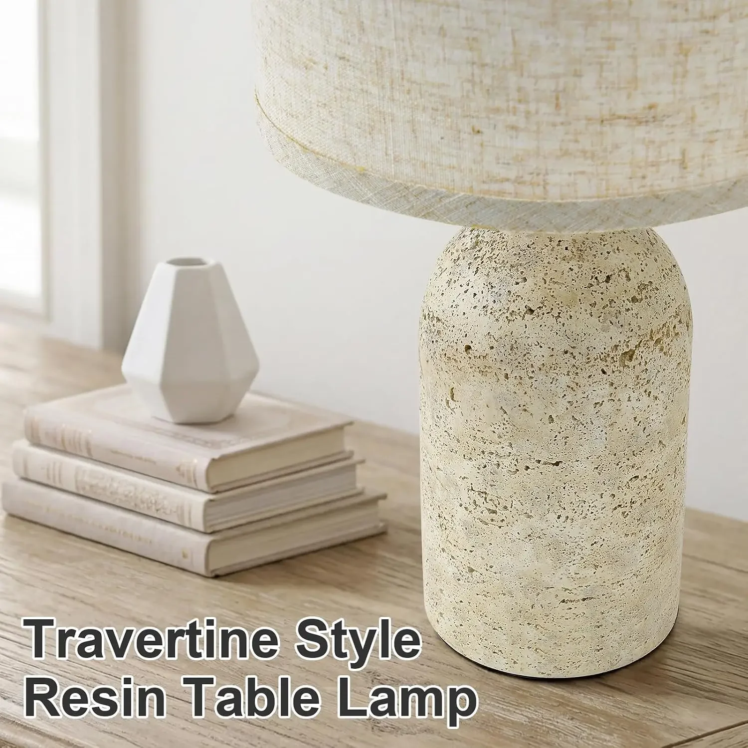 2-Piece Stone-Look Resin Table Lamps, 18" Bedside Lamps for Living Room, Bedroom, Nightstand, Home Office, Warm Lighting with Linen Shades view 2