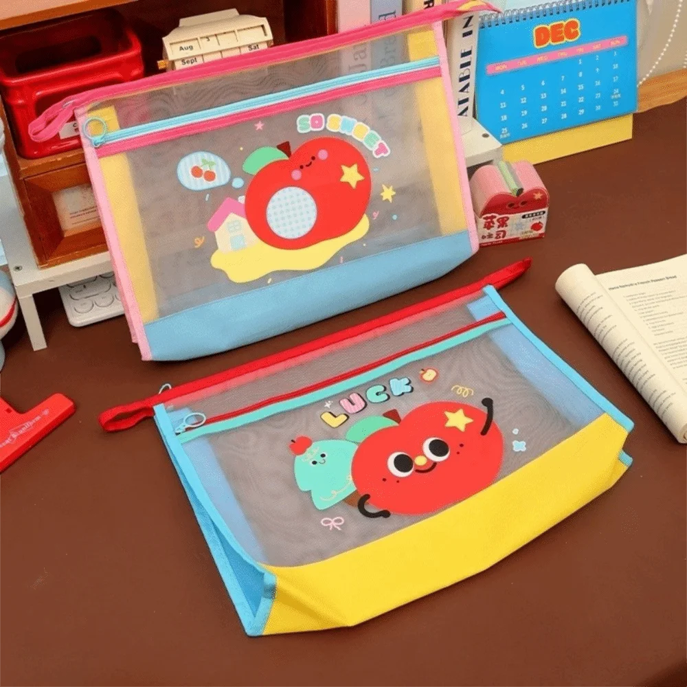 مجلدات شفافة حقيبة تخزين A4 سعة كبيرة أكياس الملفات المحمولة طبقة مزدوجة شبكة سستة حقيبة اللوازم المكتبية المدرسية #5