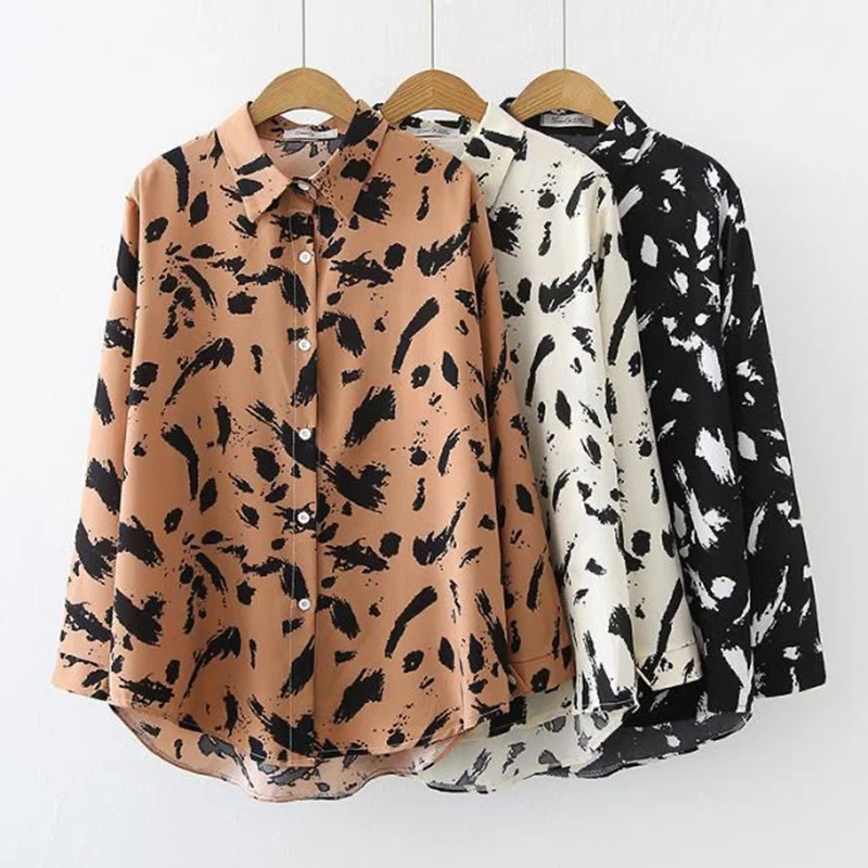 Turn-down Neck Shirt And Blouses Print Loose Long Sleeved Retro Leopard Top Casual OL Women Clothing 2024 LadyTrend Thin Summer