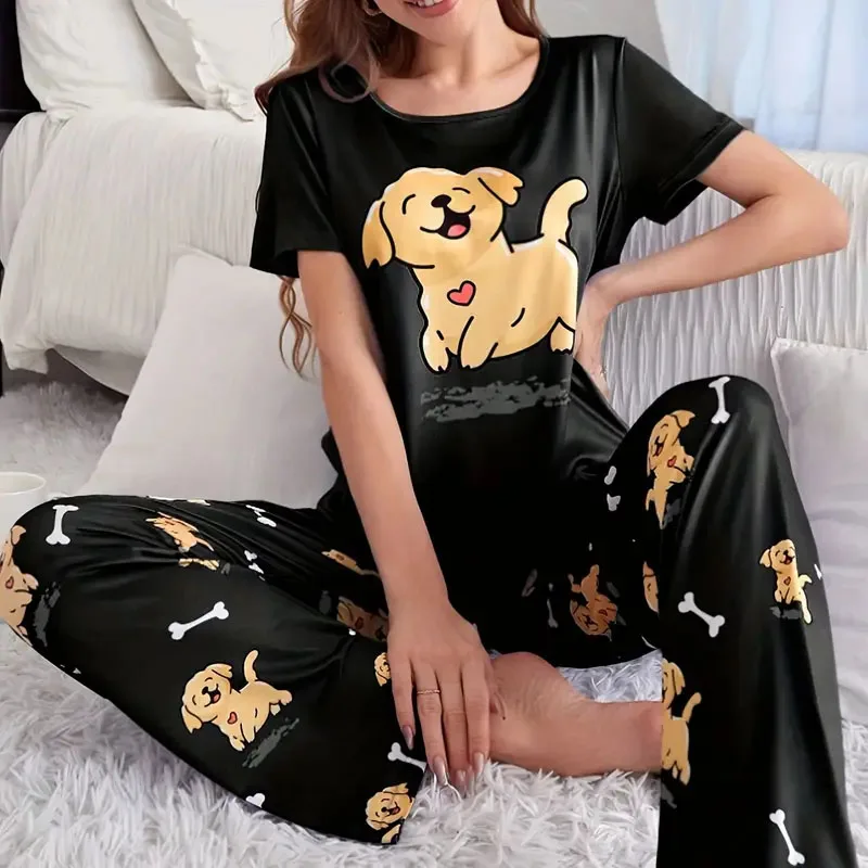 

Новый женский пижамный комплект, комплект из двух предметов, включая рубашку с короткими рукавами и брюки, удобную пижаму на лето дома.