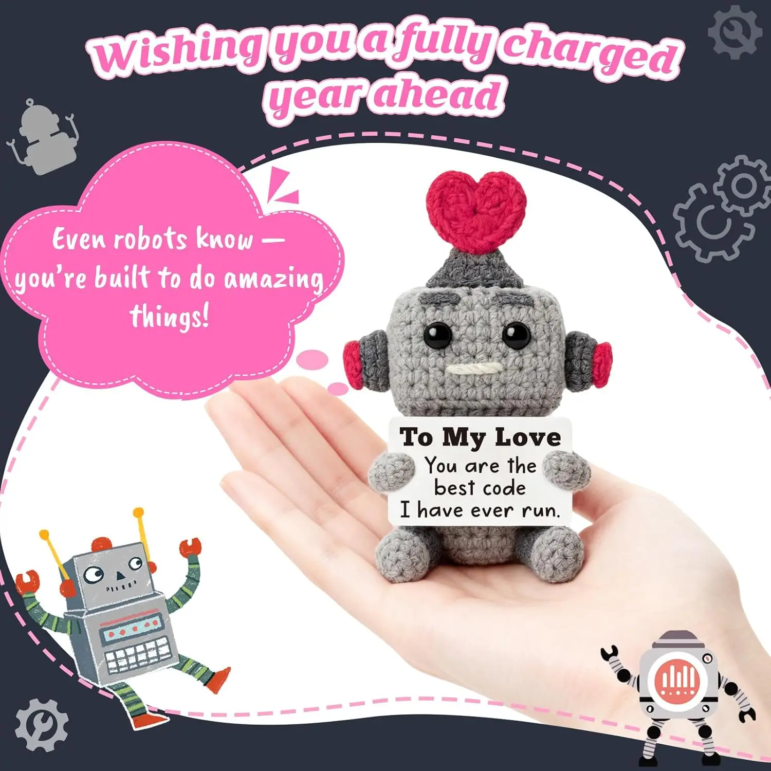 Funny Positive Crochet Robot Doll Desktop Ornament Handmade Knitted Emotional Support Positive Robot Home Room Decoration