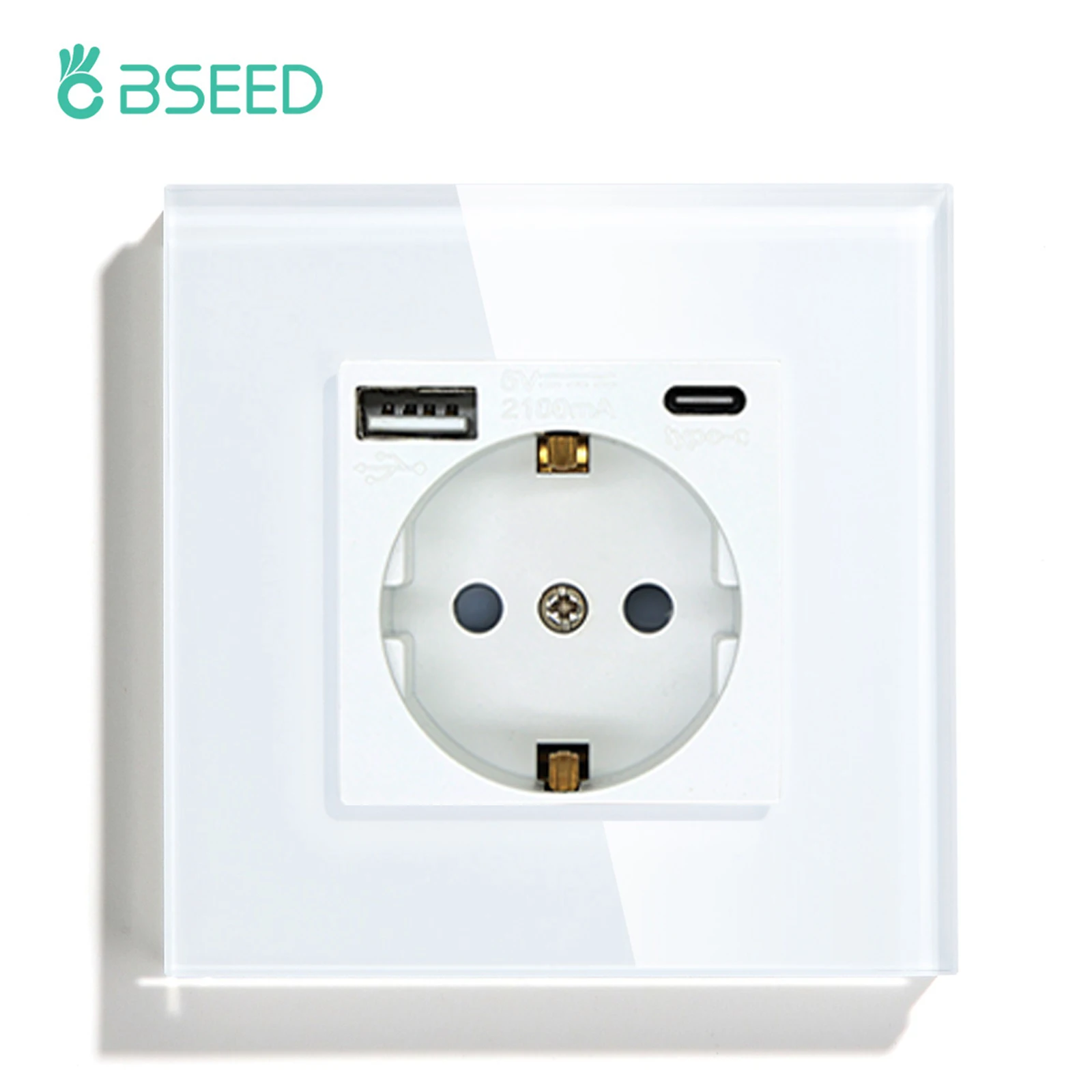 BSEED Enkelvoudige stopcontact EU wandstekkers Dubbele stopcontacten USB Type-C telefoonoplader Glazen paneel 1-weg wandschakelaar met aanraakbediening Kinderbeveiliging
