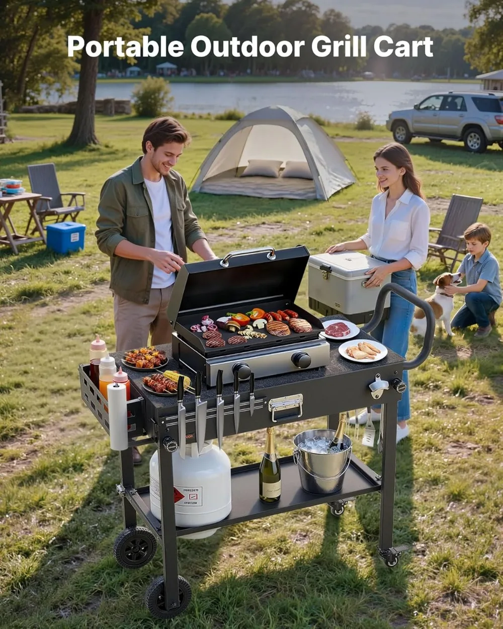 Factory Direct 2026 Foldable BBQ Prep Table 31x17in Outdoor Grill Cart with Wheels, Magnetic Tool Rack & Tissue Holder