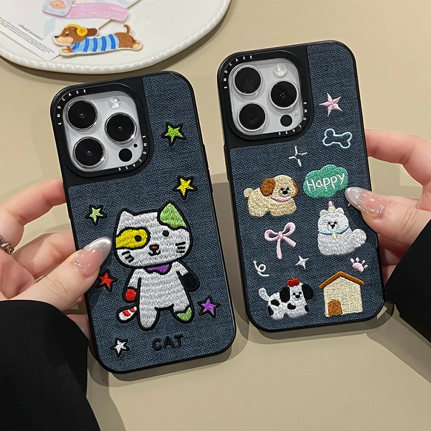 아이폰 17 16 15 14 13 Pro 12 11 Max Plus 16Pro 수제 패브릭 자수 강아지 폰 케이스 15Promax 커버 쉘