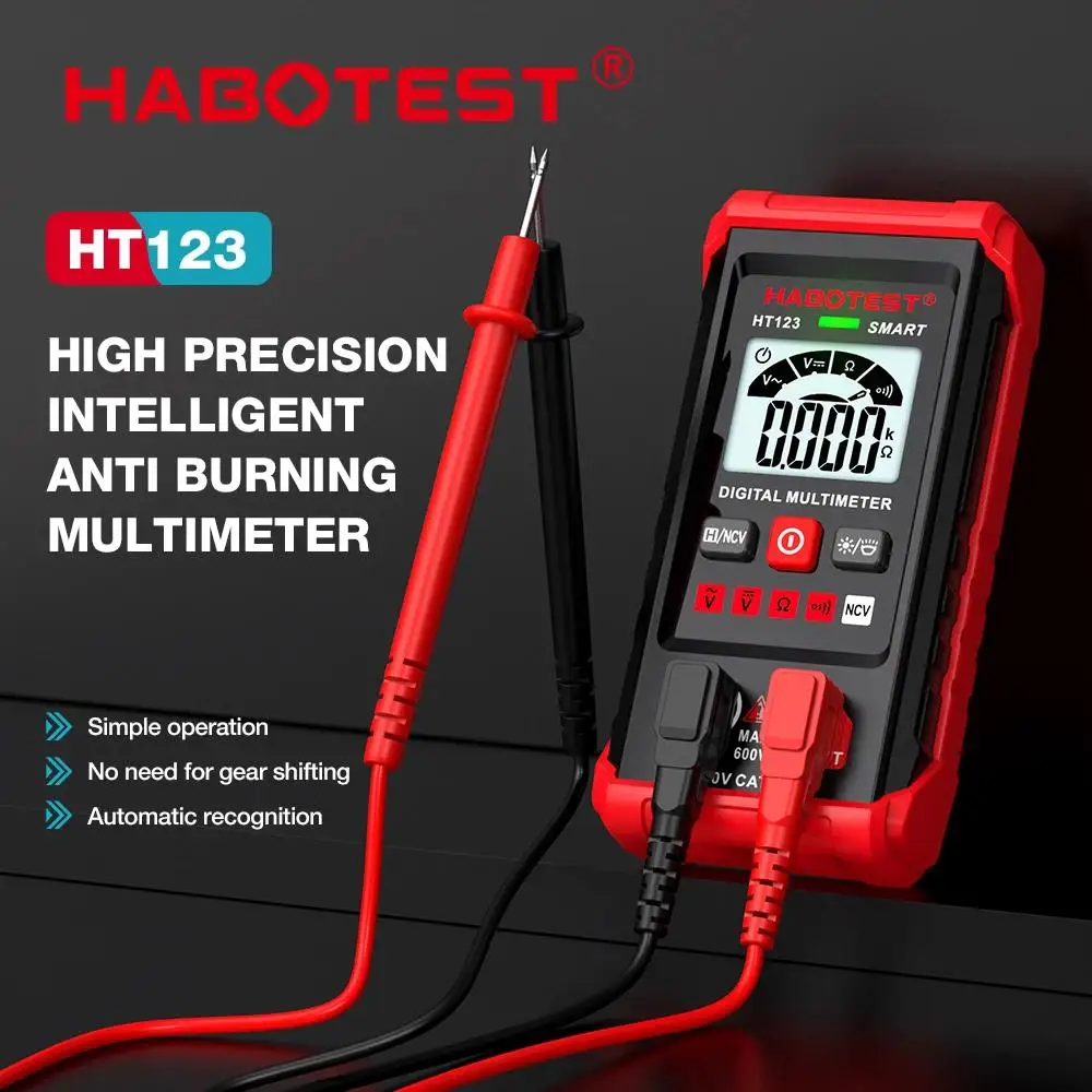 

HABOTEST HT123 Digital Multimeter AC/DC Voltage Resistance Continuity Measurement Tester NCV Smart Multimeter with Backlight