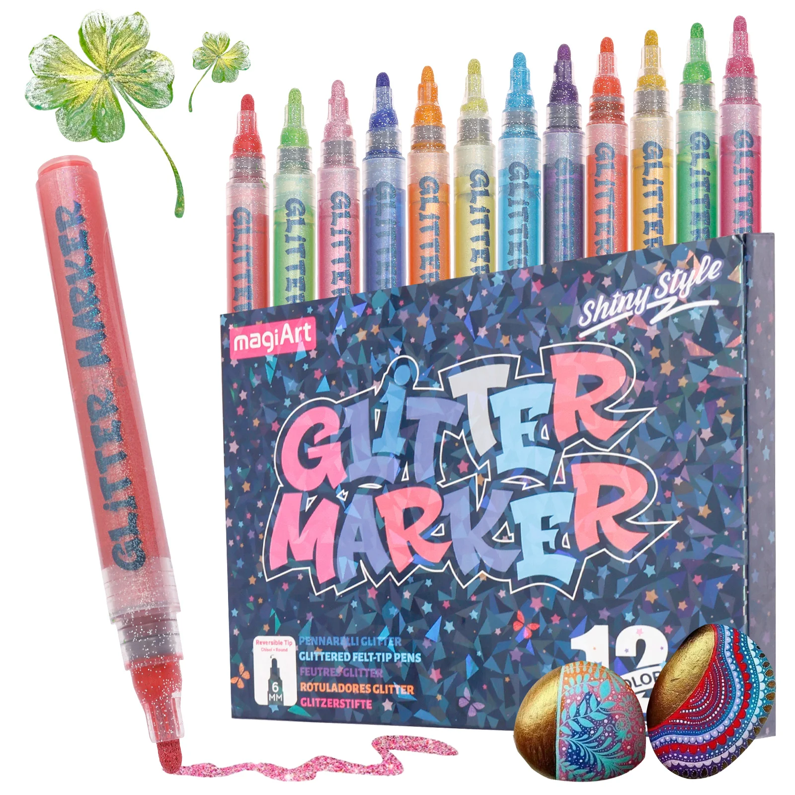 

12Pcs Glitter Marker Pen 12 Colors Ergonomic Sparkly Paint Pen with Slanted and Round Tip Art Supplies for Painting DIY Craft