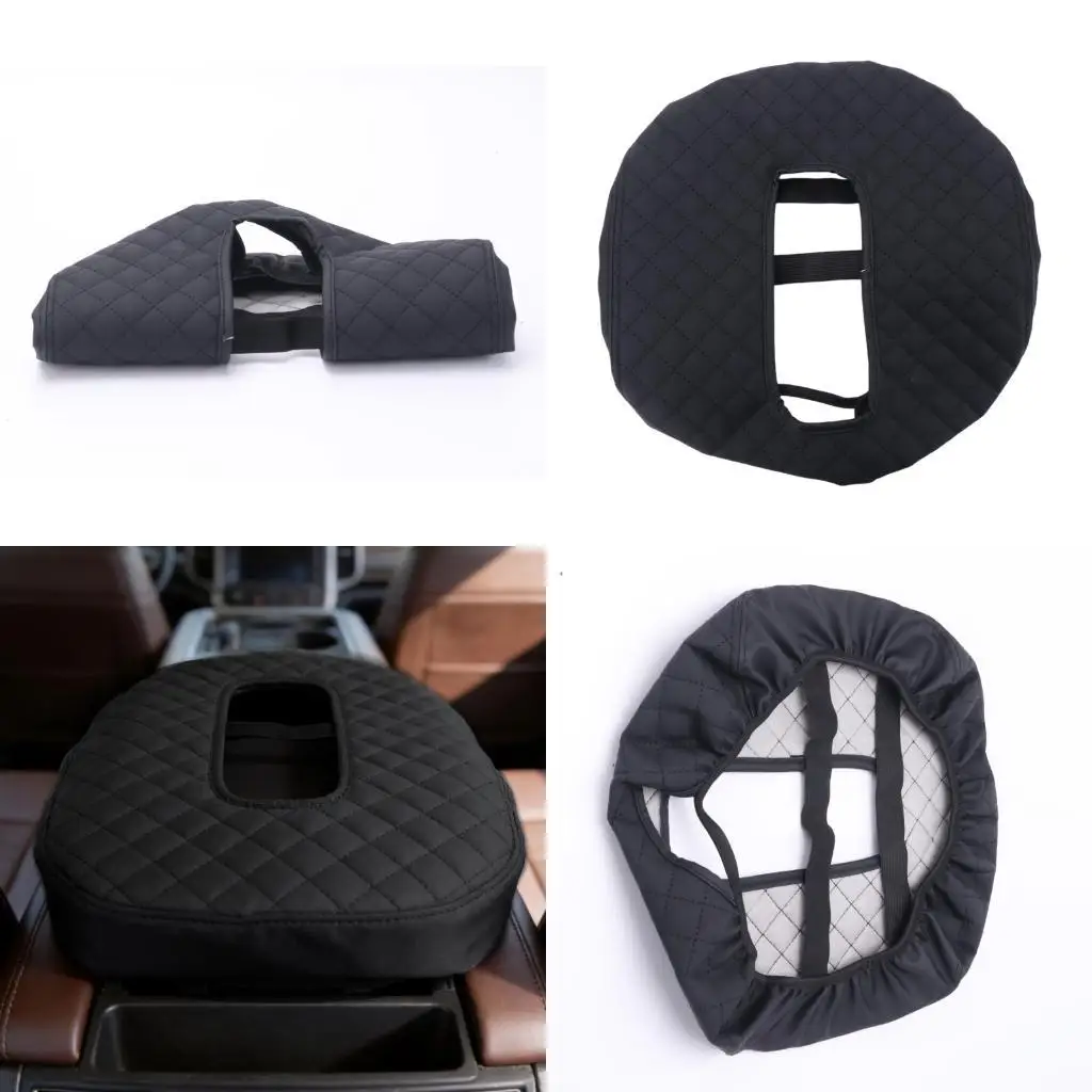 PU Leather Center Console Armrest Guard Cover with Black Quilted Finish, Gathered Elastic Border and Open-Center Layout for the
