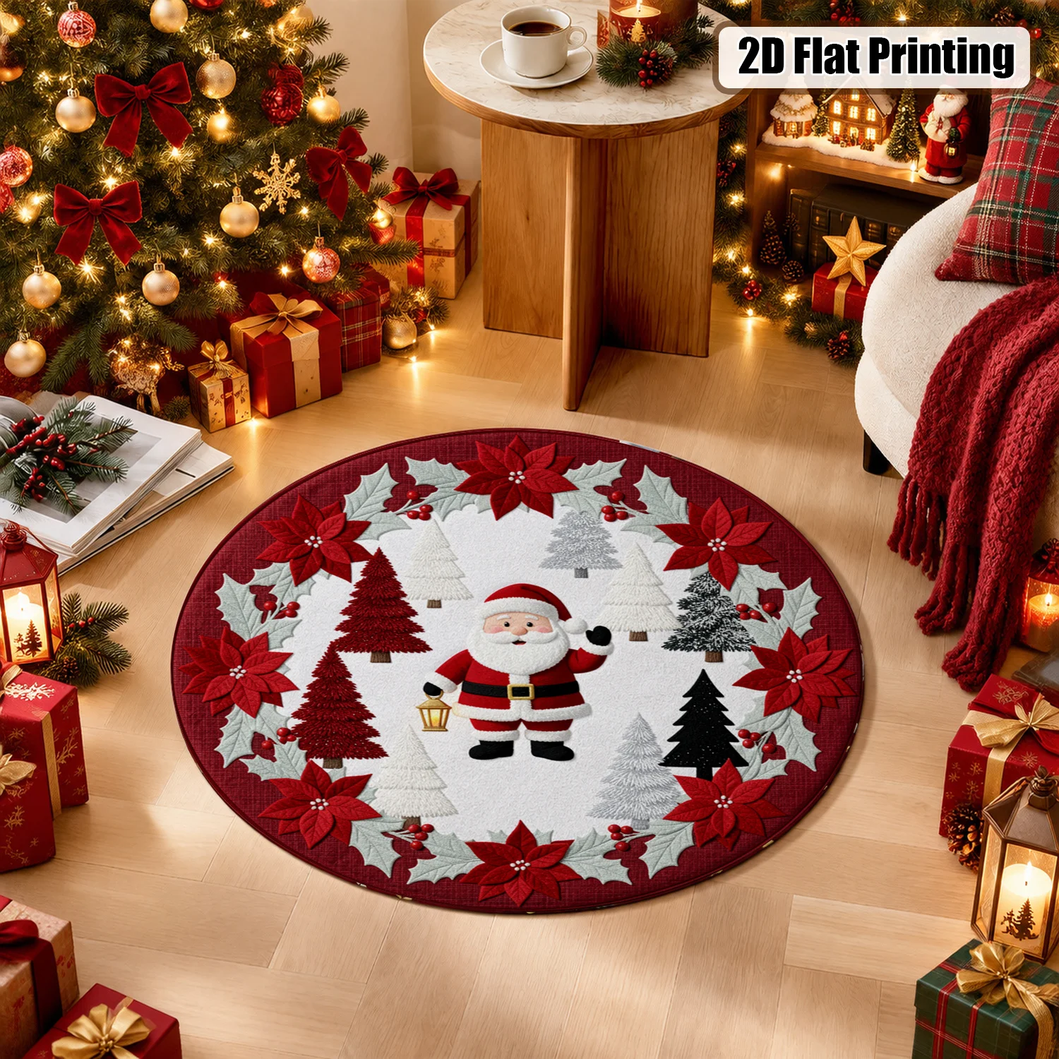 Santa Claus Christmas Tree Poinsettia Holly Pattern Round Velvet Rug Machine Washable for Living Room Dining Room Entryway Christmas Thanksgiving New Year Black Friday Cyber Monday