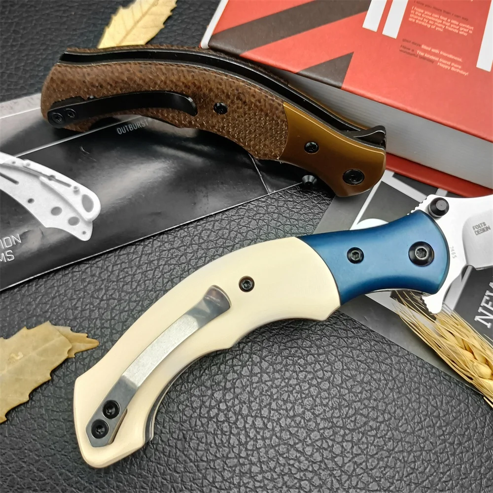 Canivete dobrável com alça de linho marrom, ferramenta de acampamento ao ar livre EDC, lâmina persa, Compact Flipper Assisted, 7465, 8Cr13Mov, G10