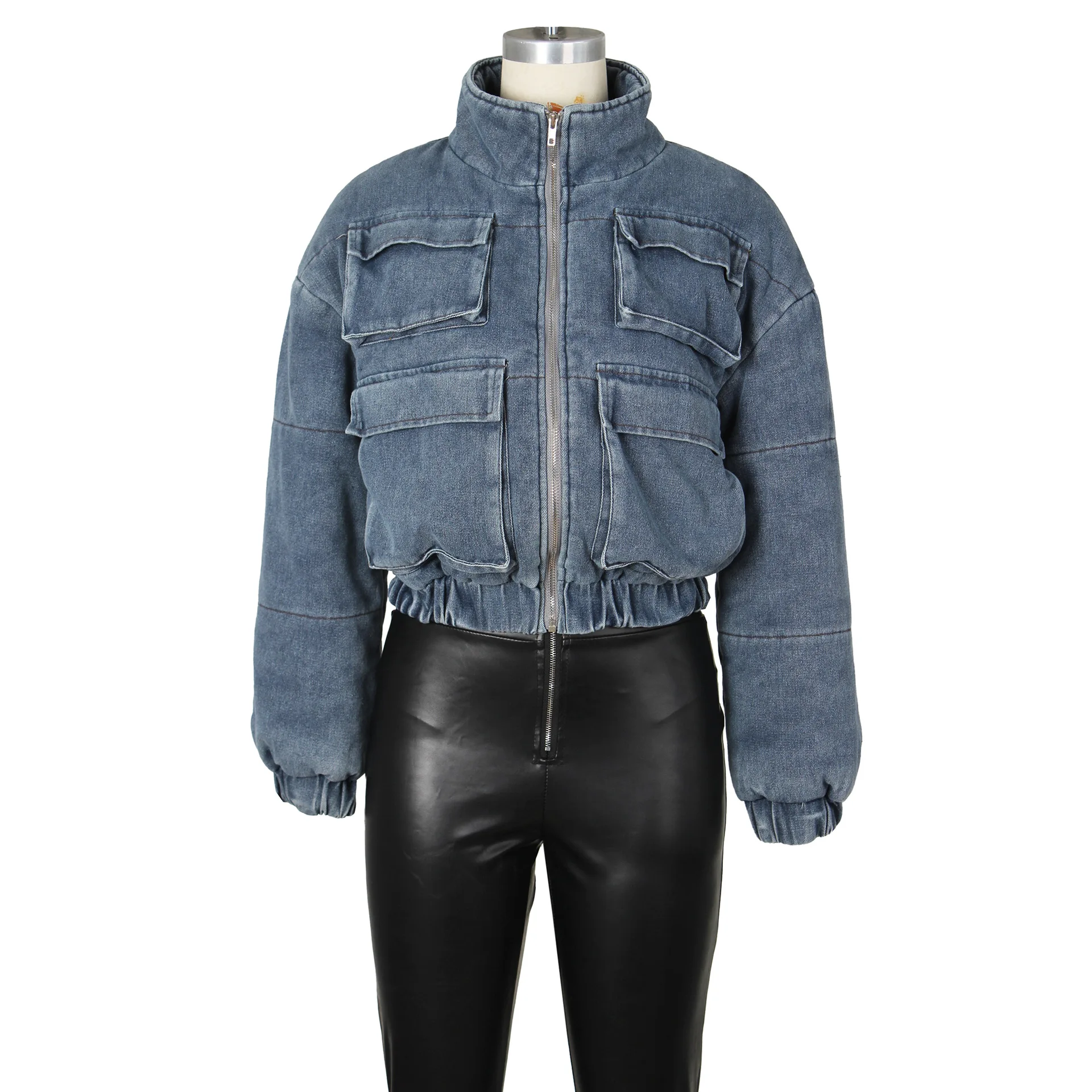 Women Jacket Winter Fashion Multi-Pocket Long Sleeve Puffer Denim Jackets Autumn Casual Thicken Crop Bubble Jeans Jacket Coat
