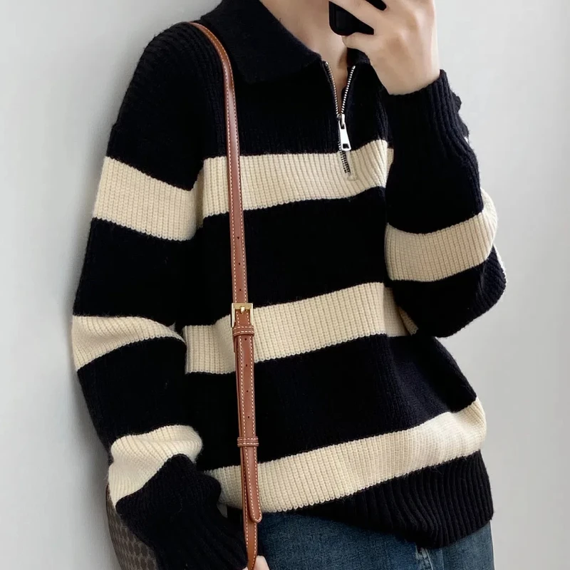 Autumn Winter New Fashion Turn-down Collar Half Zipper Long Sleeve Striped Sweaters Women's Clothing Casual Knitting Korean Tops