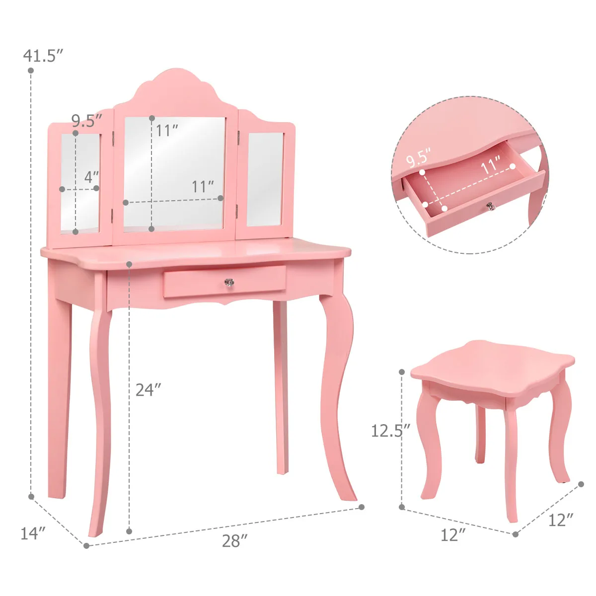 Kids Vanity Table & Stool Princess Dressing Make Up Play Set for Girls Pink