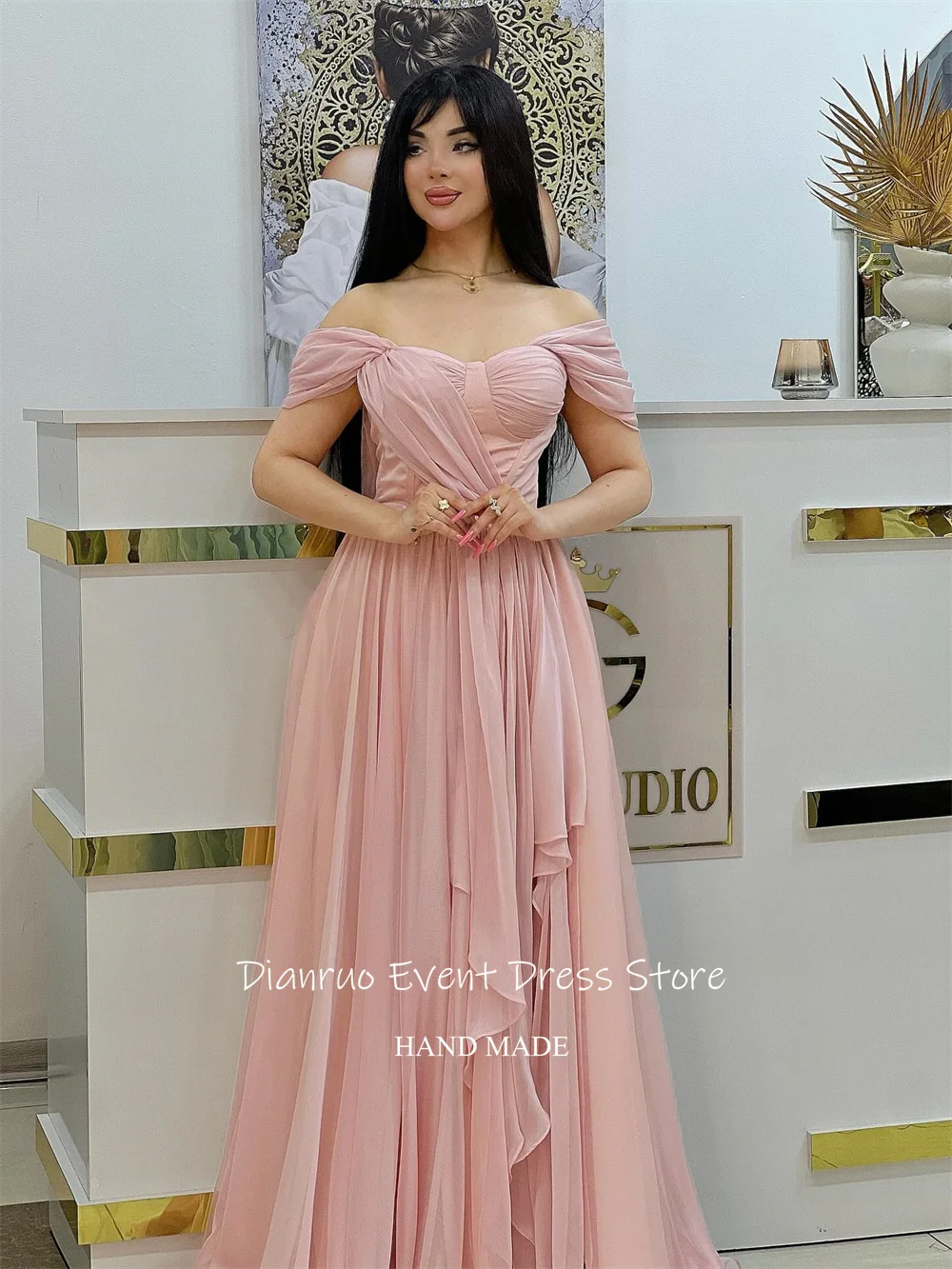 Dianruo Feminine Off The Shoulder Evening Dress Chiffon Pleat Vestido De Fiesta A Line Bespoke Occasion Evening Gown Customized