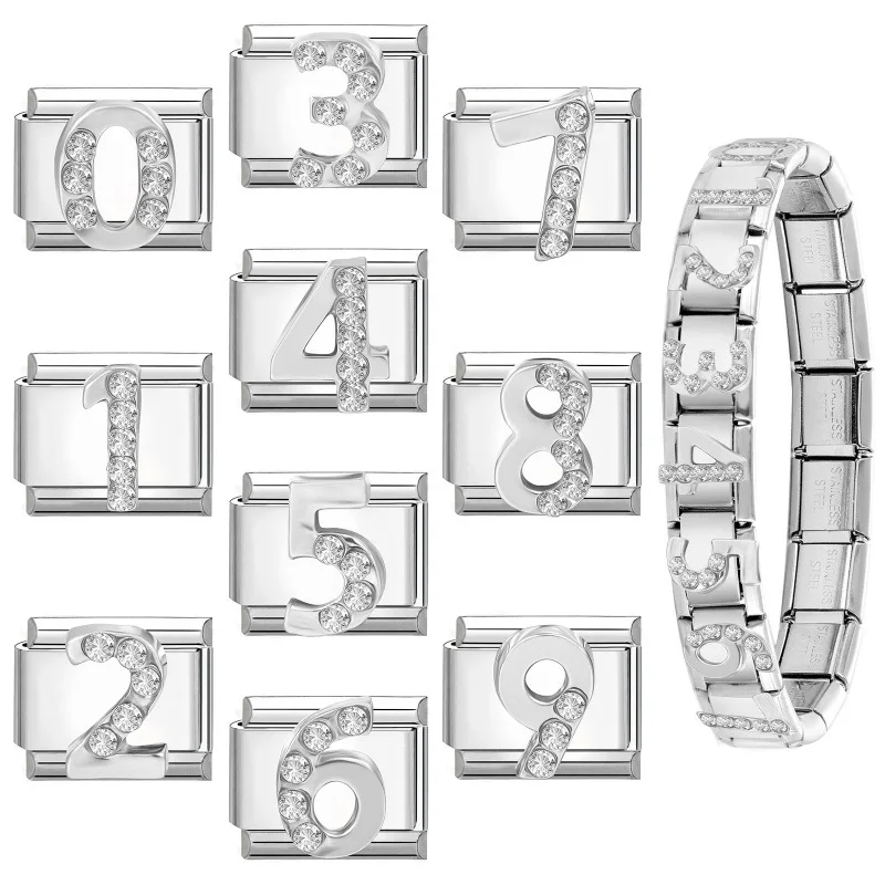 WG 1pc Italian Module Bracelet Digital Charm Links  Stainless Steel Zircon Year Modules For DIY Bracelets Jewelry