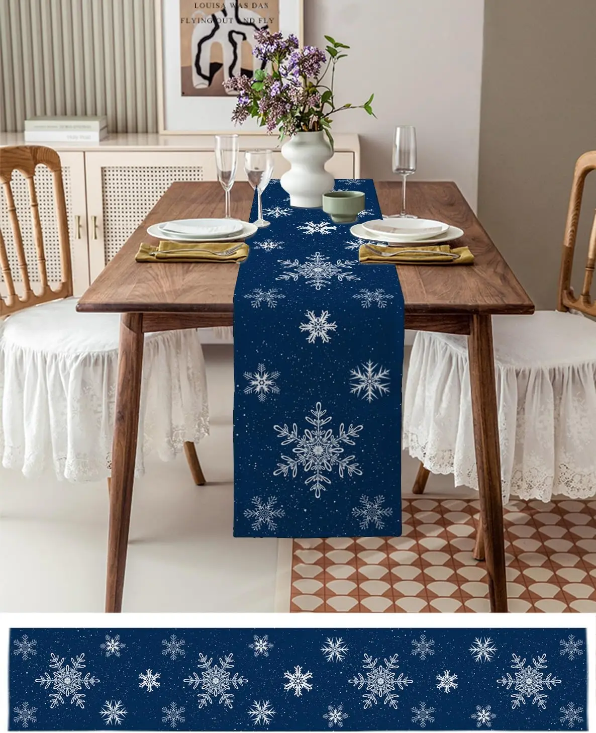 Chemins de table en lin flocon de neige bleu marine de Noël, décor d\'écharpe de commode, cuisine lavable, table à manger, décoration de Noël