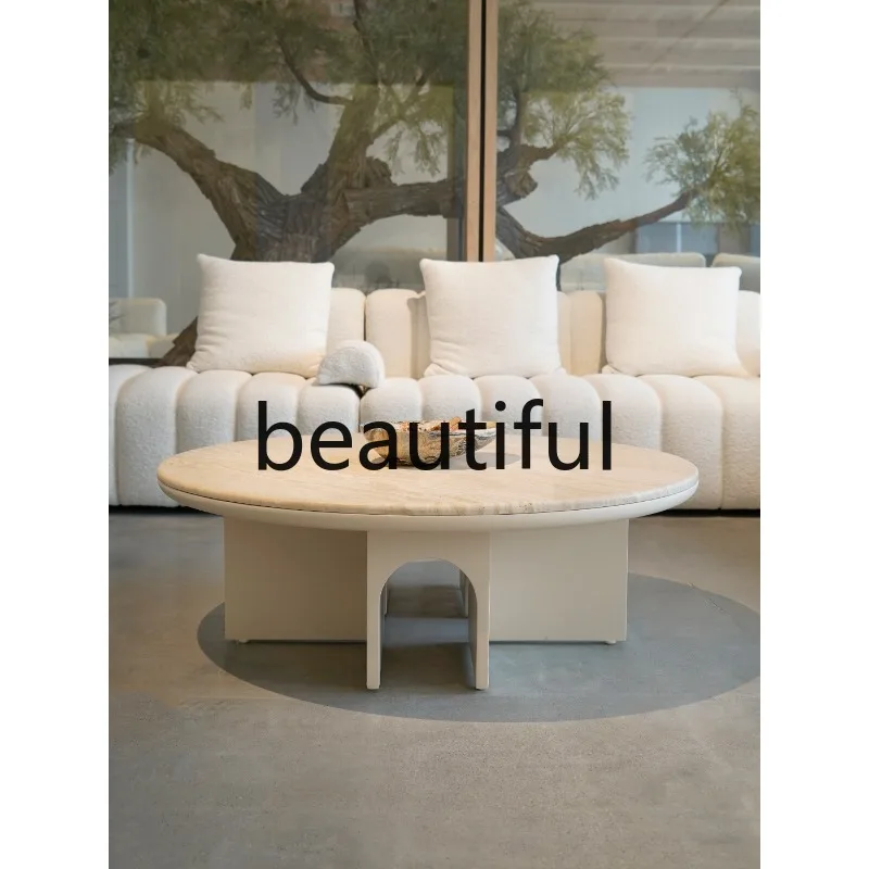 French cream wind tunnel stone coffee table round small apartment living room beige round tea table
