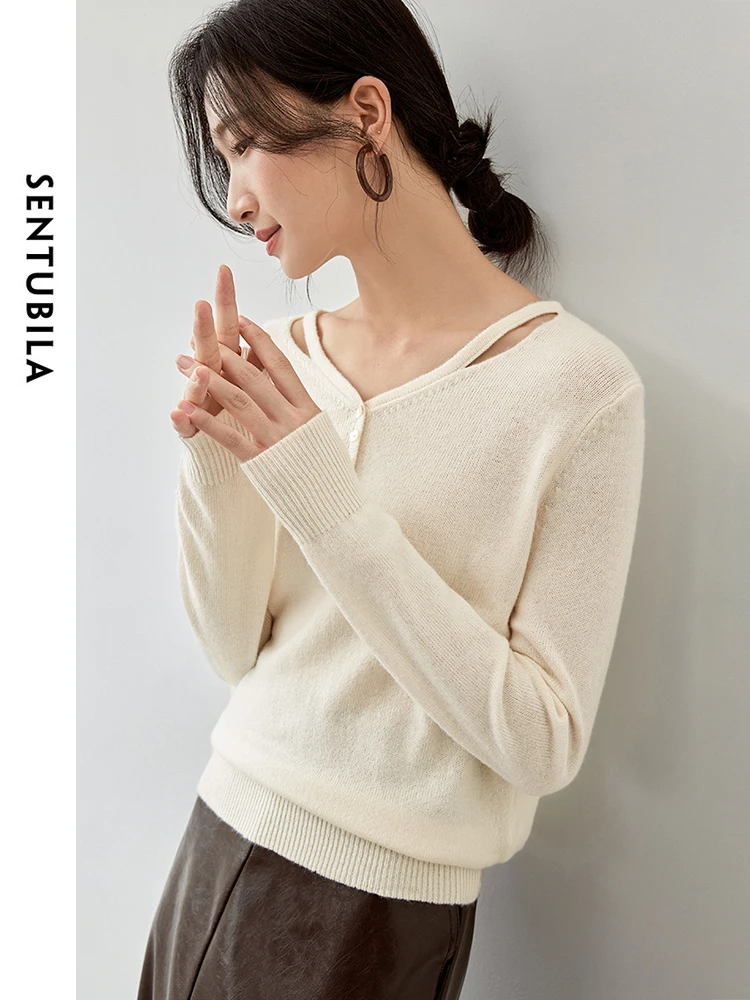 SENTUBILA White Wool Knit Pullovers for Women 2024 Autumn Casual Loose Hollow Out V Neck Comfort Simple Women Sweater W43H56129