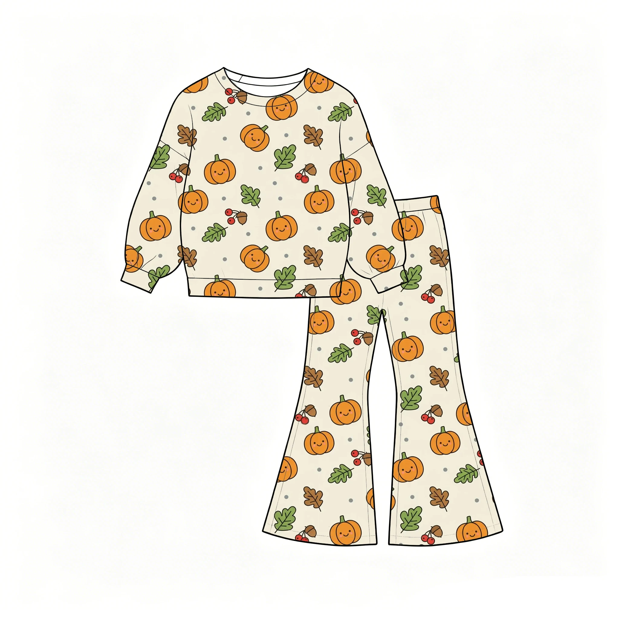 Thanksgiving boutique children's pajama set Long sleeves and flared trousers pumpkin print custom