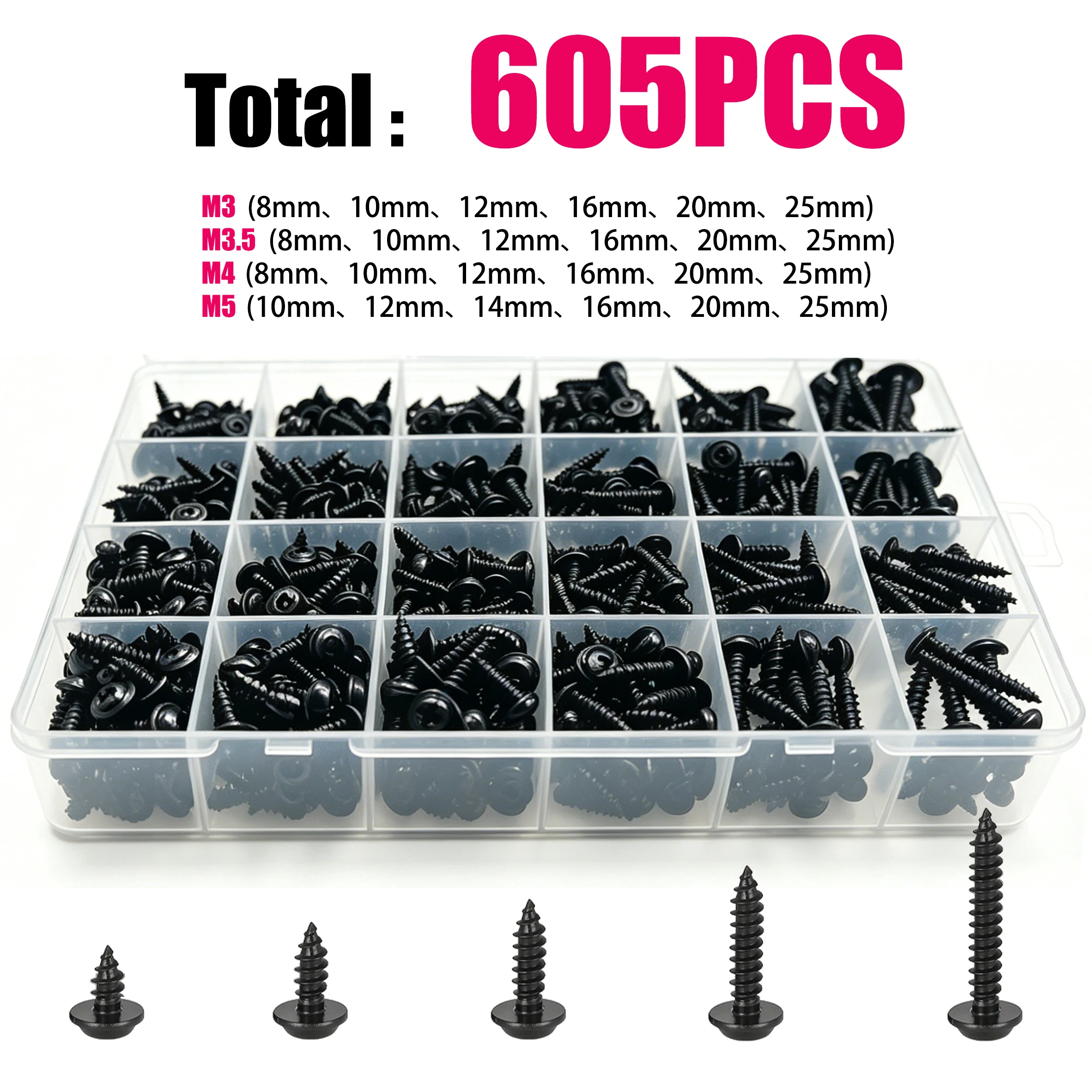 605pcs Self-Tapping Screw Set - M3/M3.5/M4/M5 Sizes, Pan Head Phillips Drive, Black Carbon Steel for Wood Furniture