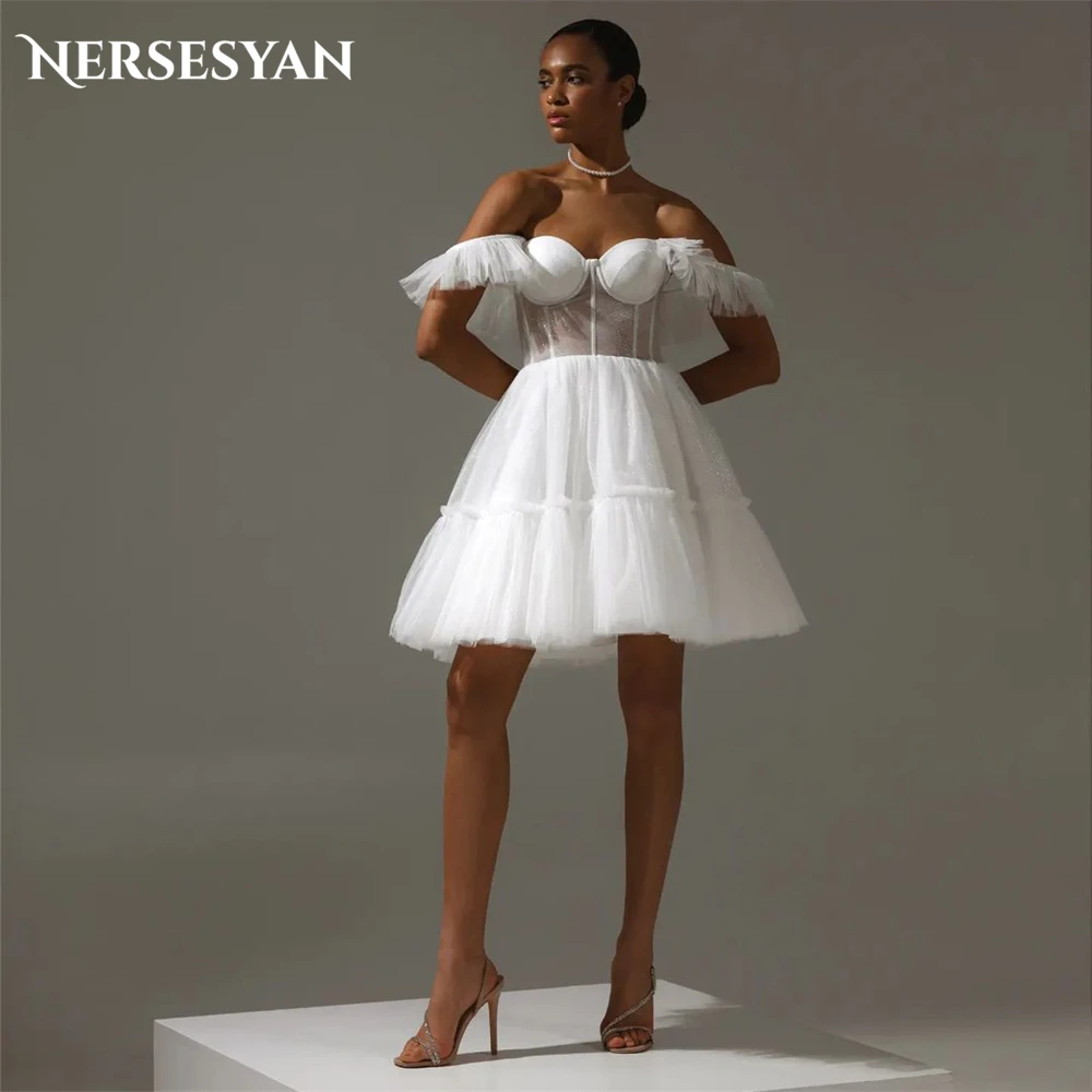 

Nersesyan Solid Simple Wedding Dresses A-Line Ruched Off Shoulder Knee Length Bridal Gowns Backless Back Lace Up Bride Dress