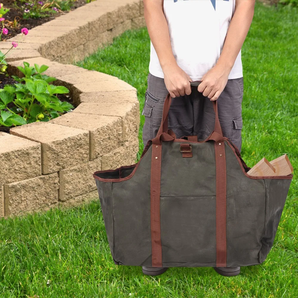 

Waxed Canvas Firewood Carrier Waterproof Thicken Firewood Bag with Reinforced Handles Foldable Firewood Storage Bag