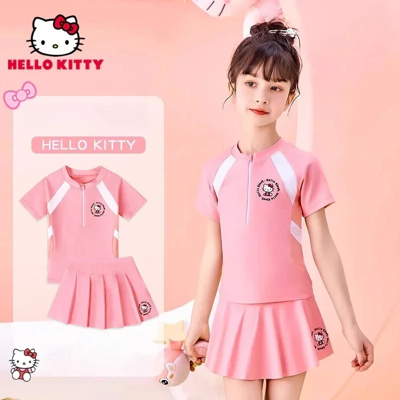 Kawaii Hello Kitty Girl Two Piece Swimsuit Sanrio Anime 2024 New Summer Cute Kid Bathing Suit Children Swimwear Beach Clothes