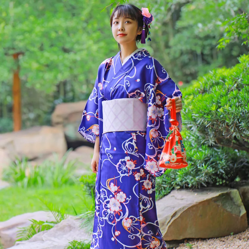 Japanese kimono blue women formal traditional formal version kimono not easy to wrinkle material