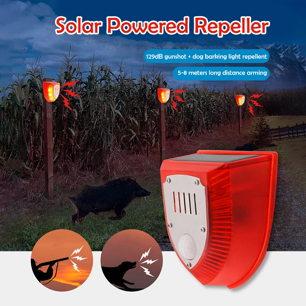 

Solar Infrared Alarm Detector Farm Animal Repellent Sound Light Alarm Loud Dogs Barking Gunfire Alarm Light