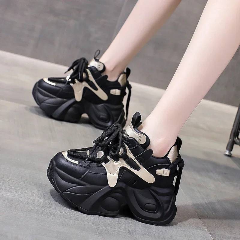 Jesień Zima Chunky Sneakers Women Lace Up Platform Sports Shoes Woman Goth Thick Bottom High Heels Female 7CM Wedges Sneakers