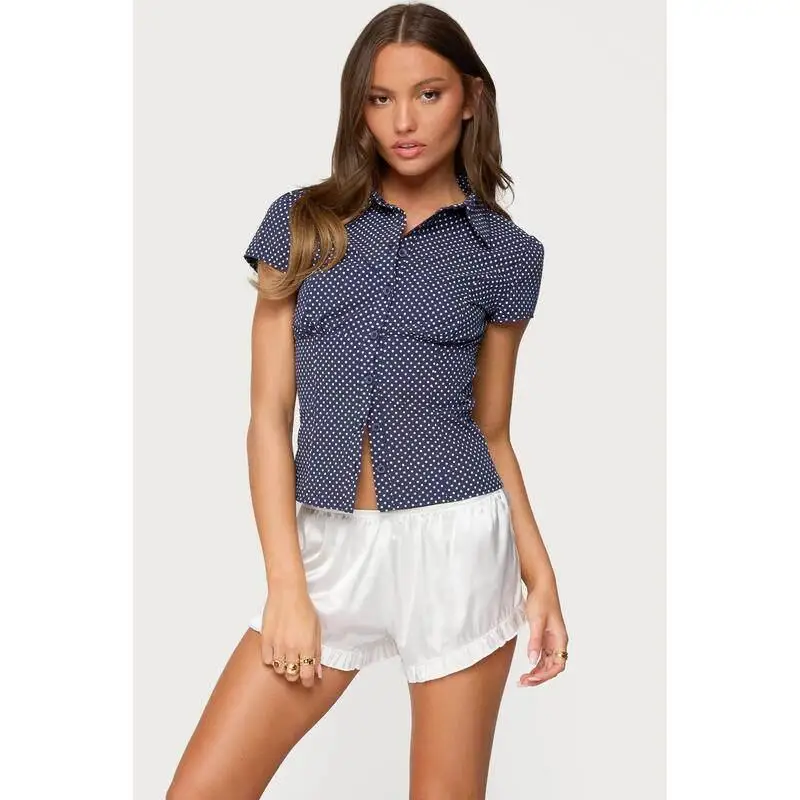 

Retro Polka Dot Shirt Collar Soft Silk V-neck Sleeveless High Elasticity Women's Fashion Shirt Princess Sleeve Design