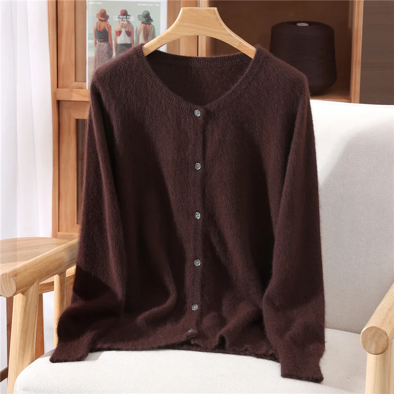 

Basic 100% Mink Cashmere O-Neck Solid Color Cardigan With Buttons Long Sleeves Women Comfortable Warm Soft Fashion Clothing Top