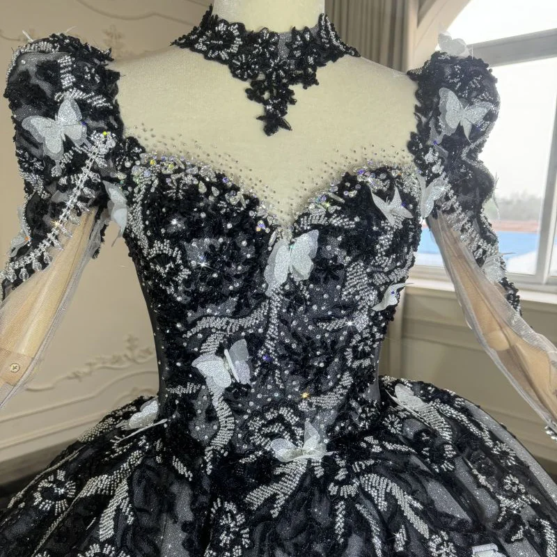 2024 new black round-neck long-sleeved luxury butterfly decoration large tail wedding dress