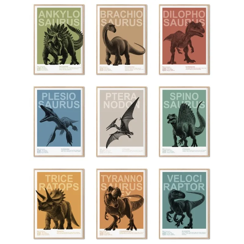 (2D Canvas Painting)  1pc frameless Dinosaurs Dino T-Rex Picture Poster Dinosaur Species Illustration Canvas Painting Wall Ar