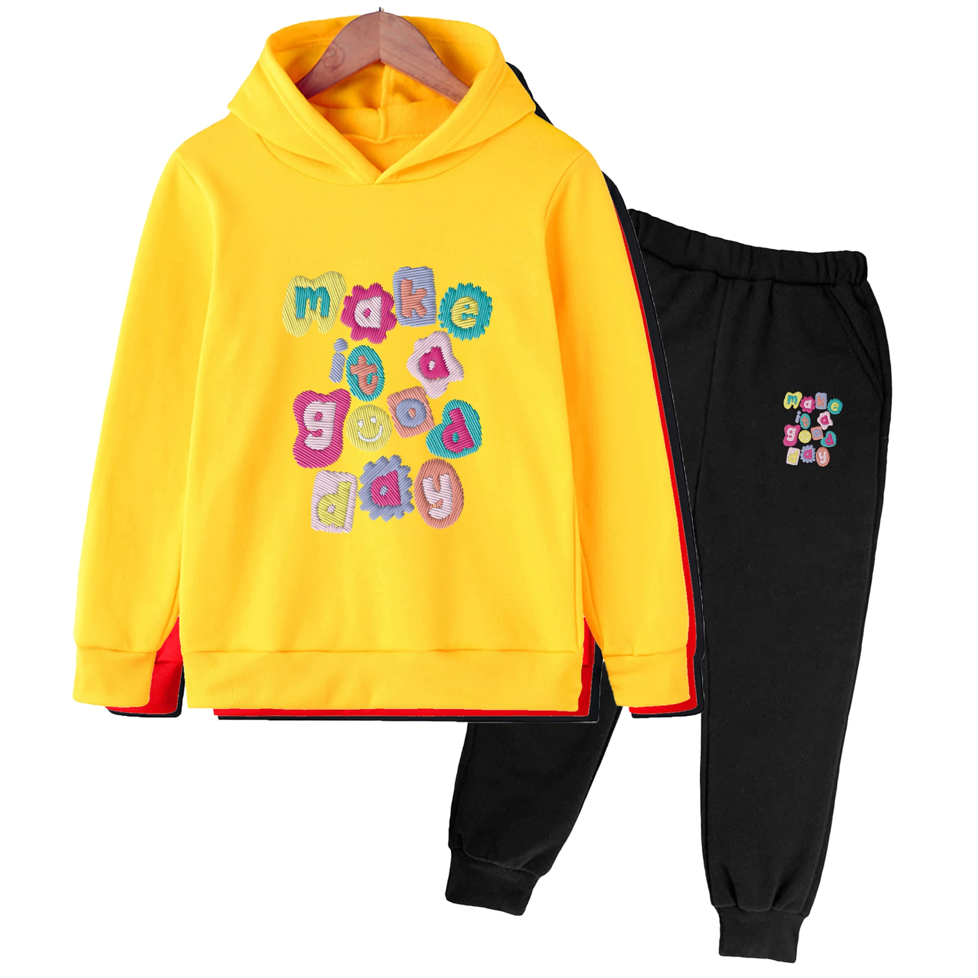 Children Clothing Sets Make It Good Day Letter Smile Printed Boys Girls Hoodies + Sweatpants Suit 3-14Y Autumn Warm Fleece