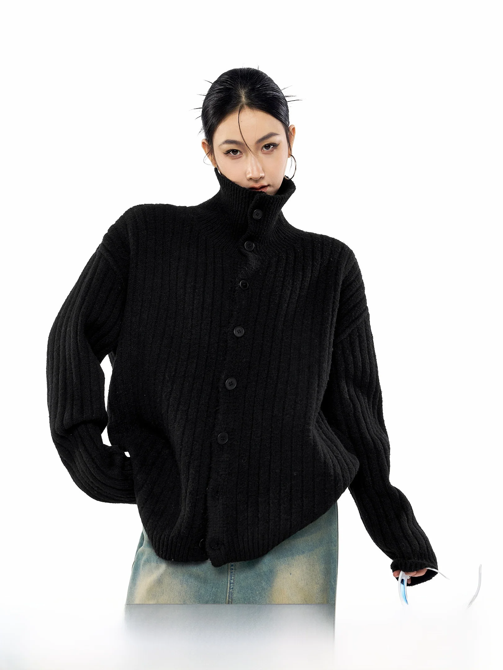 

Ich Mode American Collar Knitted Sweater Women Casual Loose Feeling Spring Outerwear Cardigan Long Sve Polyester Blend