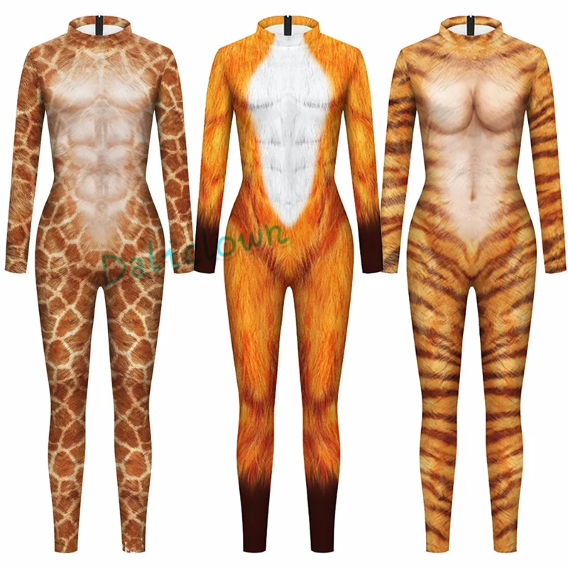 Erwachsene Halloween Giraffe Kostüm Fuchs Tiger Schlange Leopard Cosplay 3D Tier druck Bodysuit Overall Catsuit Zentai Anzug