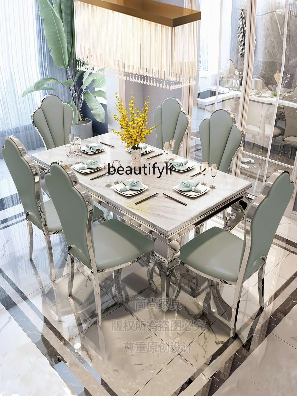 Light Luxury Bright Stone Plate Dining Table Stainless Steel Dining Tables and Chairs Italian Marble Dining-Table Rectangular