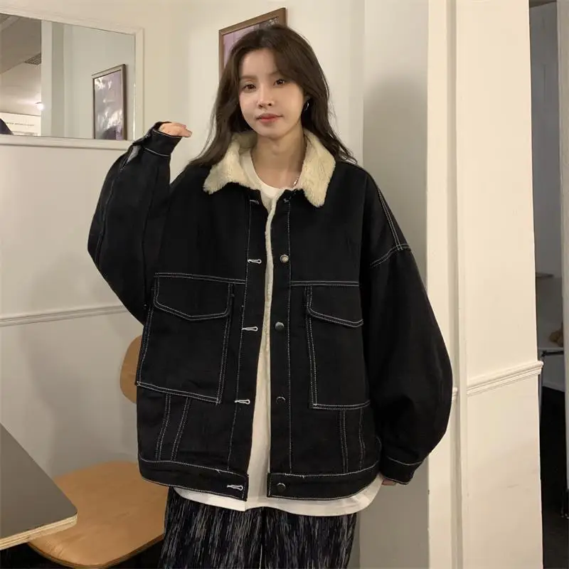 

Denim Coat Belt Fur Plush Womens Autumn Slim-Fit Fleece-Lined Standneck Double-Faced Minimalism Urban Social Gathering Outwears