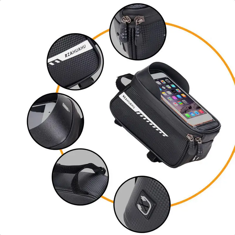 Black Waterproof Bike Front Frame Bag with Touch Screen Sun Visor Cycling Storage and Phone Holder for Bicycles