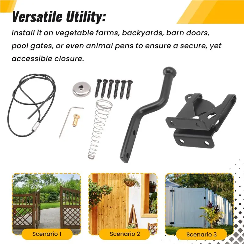 ABUI-Self Locking Gate Latch For Wooden Fence Heavy Duty, Steel Spring Cable Pull String Gate Hardware Gate Lock For Garden