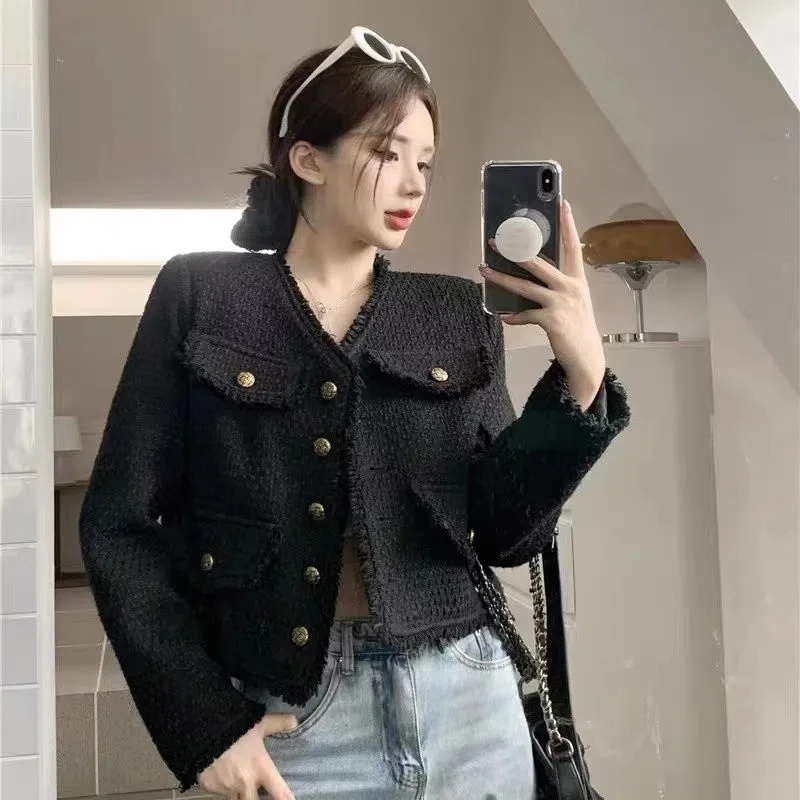 Vintage Small Fragrant Tweed Jacket Women Autumn Winter Woolen Short Black Jacket Streetwear 2023 Fashion Slim Outwear Crop Tops