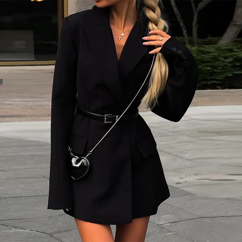 2025 herbst Neue Schwarz Zweireiher Taille Binden Blazer Frauen Temperament Pendeln Langarm Kleine Anzug Jacke