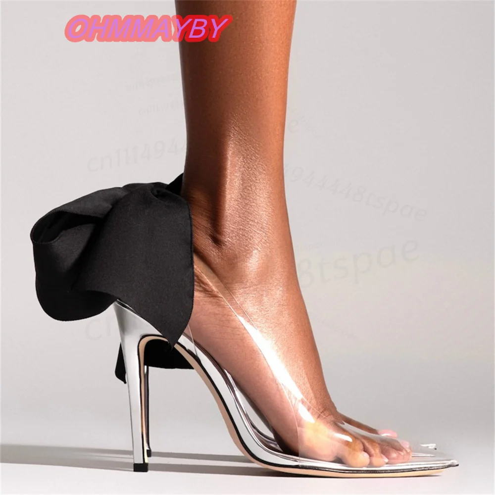 Clear Silver Sandals for Women Open Toe Stiletto High Heels Black Satin Bow Slingback Transparent Straps Evening Wedding Shoes view 4
