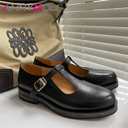ANNYMOLI Women T-Strap Shoes Natural Genuine Leather Flat Shoes Round Toe Buckle Female Leopard Print Footwear Spring Autumn  40