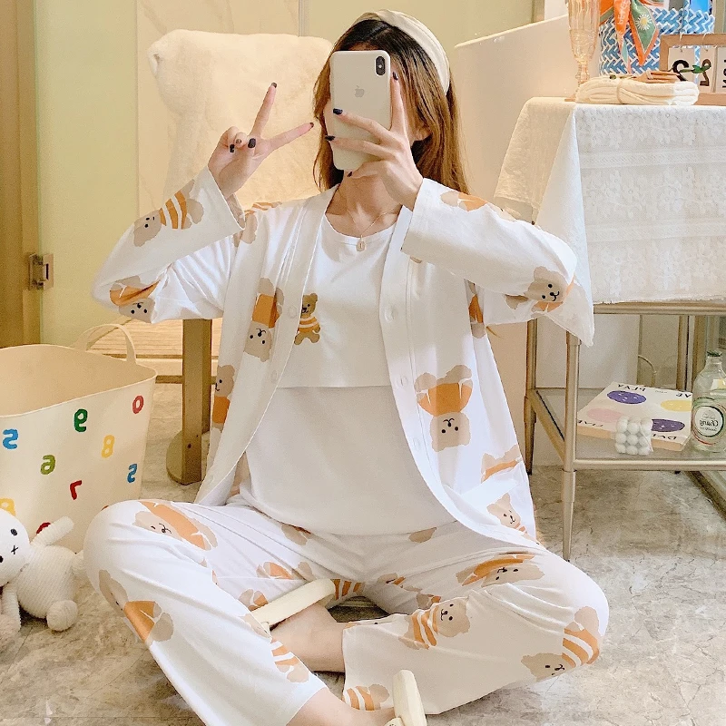 Women Pregnancy Home Sleep Cartoon Printed Maternity Nursing Sleepwear 3PCS Set Pajamas Suits Clothes for Pregnant