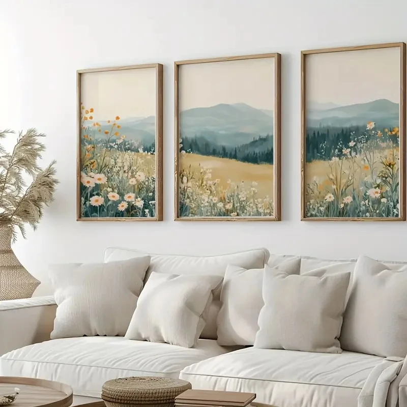 Conjunto de 3 peças: Pintura em tela com tema de montanha boêmia, flor de margarida silvestre, paisagem, estilo cartel, cabana de fazenda e flor, para decoração de casa.