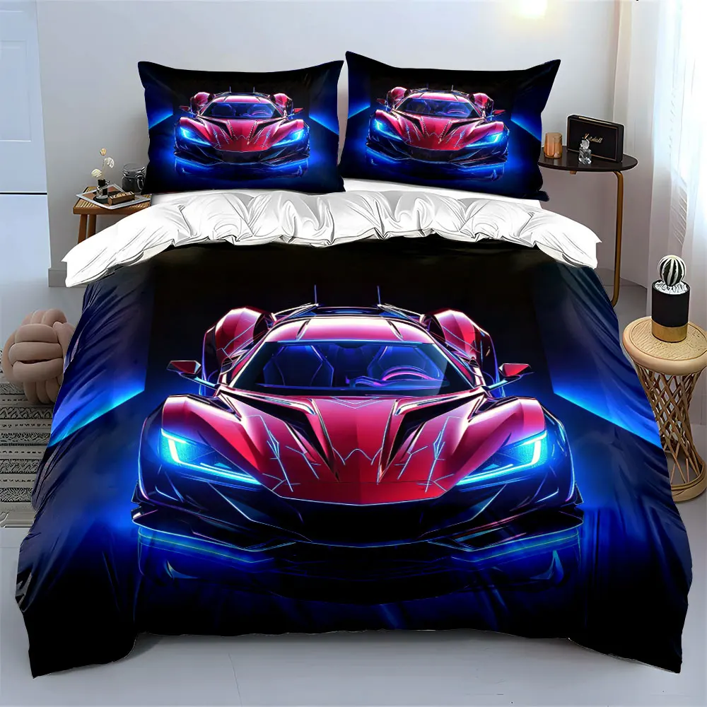 Red Neon Outline Futuristic Supercar Bedding Set, Dark Tunnel Sport Car Print Luxury Cool 3PC For Racing Fans, Gift